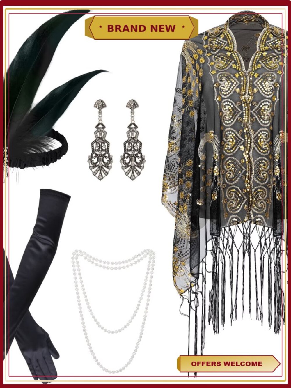 1920s Flapper Accessories Set 7 Pcs Costume Gloves Shawl Headband
